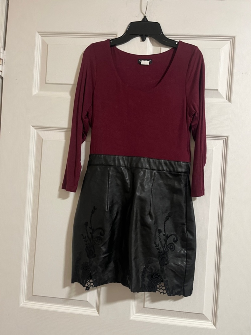 VENUS Maroon Knit Top with Black Faux Leather Skirt Dress